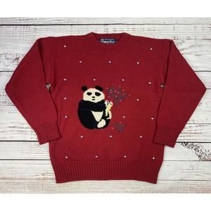 Vintage Red Panda Sweater Fits Women’s S/M Bamboo Nature Retro‎ 100% Virgin Wool
